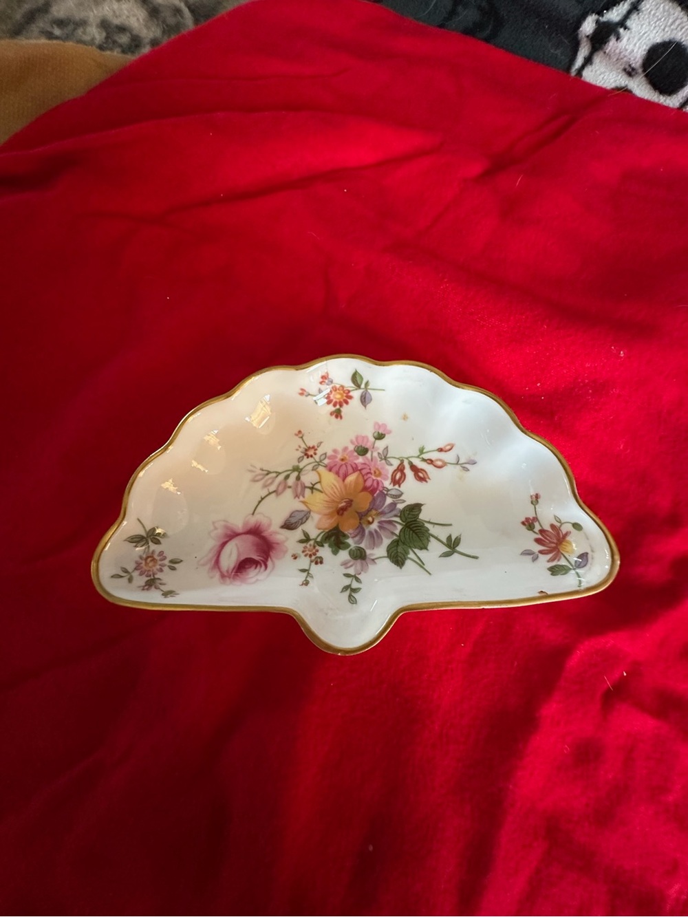 Royal Crown Derby Floral Porcelain Fan-Shaped Dish with Gold Trim